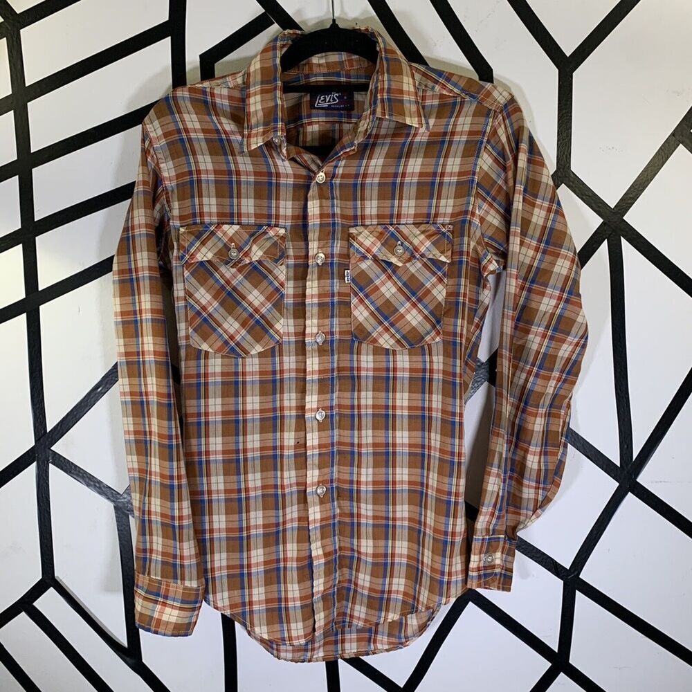 VINTAGE LEVIS BIG E PLAID DOUBLE POCKET LONG SLEEVE BUTTON UP SHIRT 70S 80S